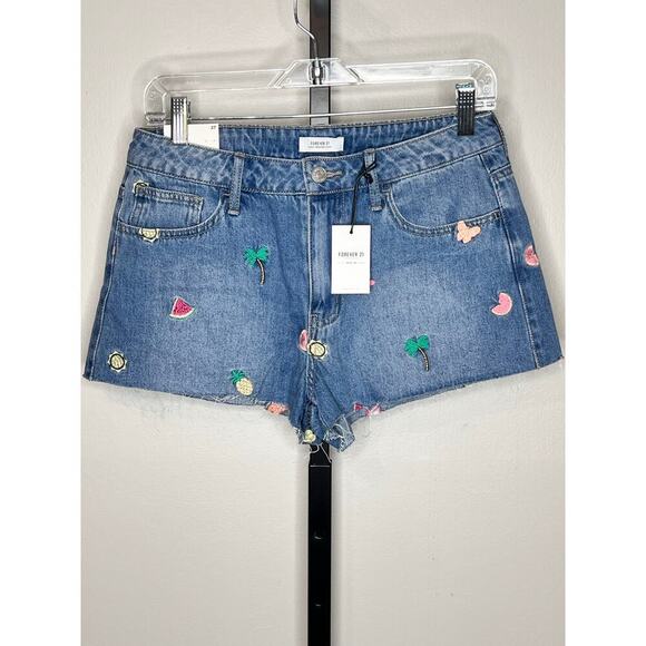 Forever 21 Tropical Fruit Palm Tree Embroidered Cut Off Mid Rise Jean Shorts NWT - Picture 2 of 9